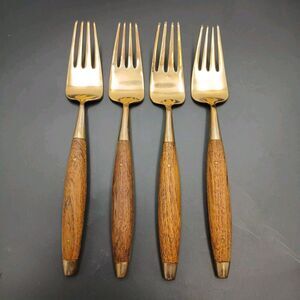 Antique Rosewood Bronze and Wood Set of 4 Salad Fork Thailand Rare